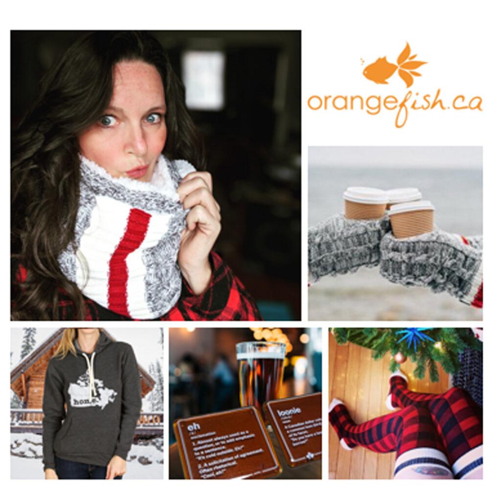 Orangefish Logo with Janet in Pook Scarf, The Canada Home T Hoodie, Artech Coasters and Pook Thigh High Socks